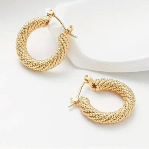 14k Gold Plated Textured Hoop Earrings - Picture 4 of 8